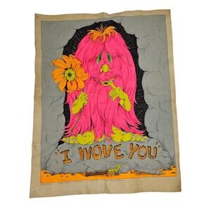 Vintage 1960s I Wove You Hippie Monster Troll Blacklight Felt Poster Art 17"x22"